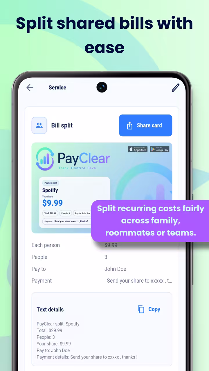 PayClear bill split card screen