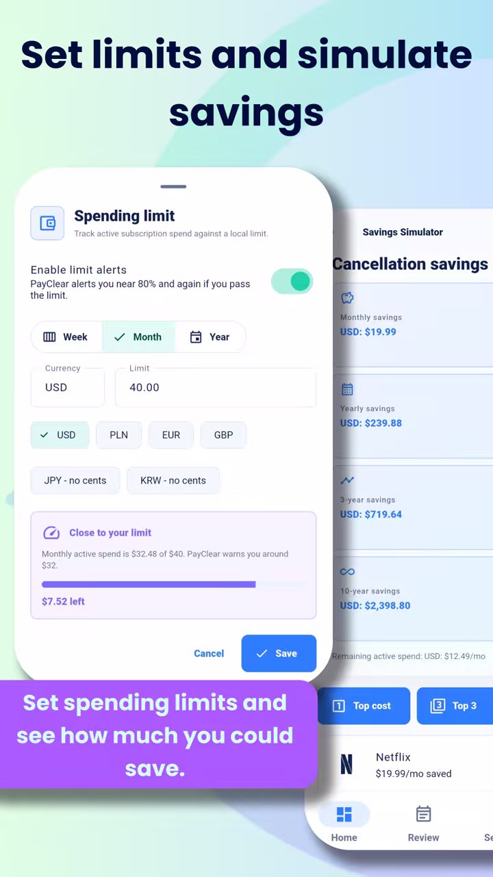 PayClear spending limit and savings simulator screen