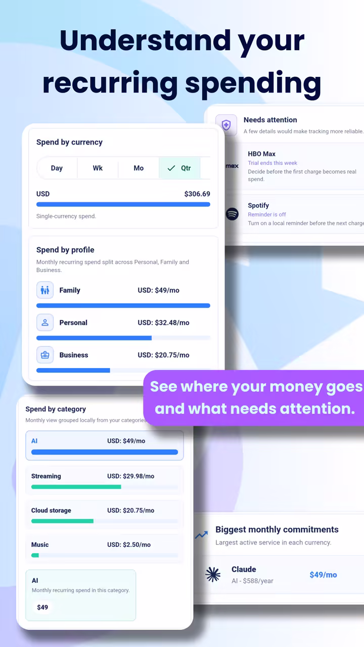 PayClear recurring spending insights by currency, profile and category